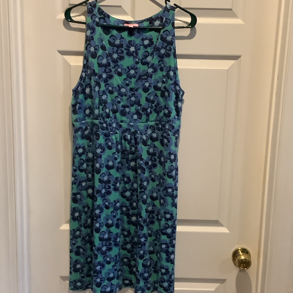Lilly Pulitzer Vibrant Blue and Green Silk V-Neck Dress Preppy Resort